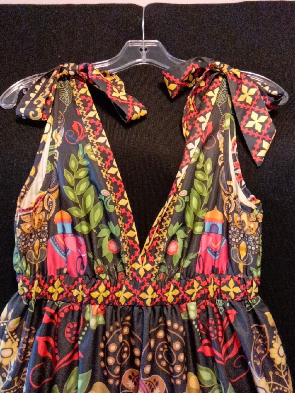 Boho Black Floral & Elephant Print Tie-Strap Maxi Dress - Picture 2 of 2